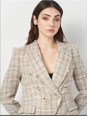 Zara Beige & Cream Tweed Double-Breasted Blazer